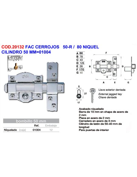Serrure FAC 50-R Nickel 50 mm Acier Inoxydable