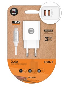 Caricabatterie mobile doppio 2xUSB da parete bianco con cavo USB-C 1m