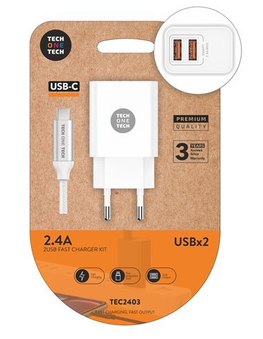 Carregador móvel duplo 2xUSB parede branco com cabo USB-C 1m