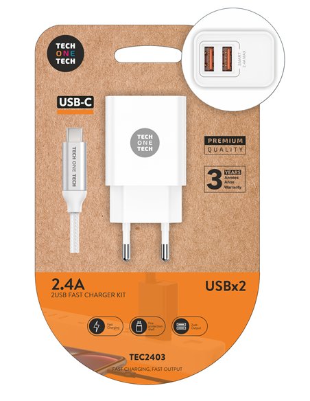 Dual USB Wall Charger White with 1m USB-C Cable
