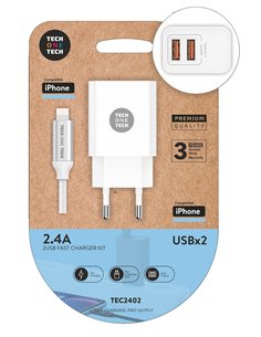 Fast dual USB wall charger white with 1m cable