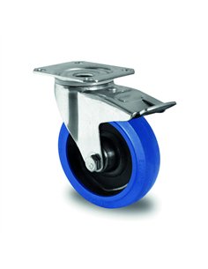 Ruota industriale 80 mm gomma elastica blu con piastra freno