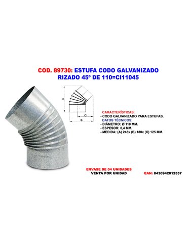 estufa codo galvanizado rizado 45° de 110 mm