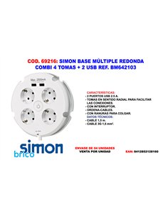 COMBI Round Power Strip 4 Outlets + 2 USB Red
