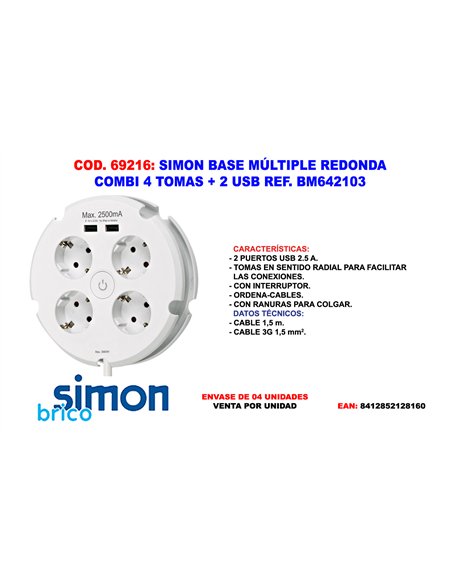 COMBI Round Power Strip 4 Outlets + 2 USB Red