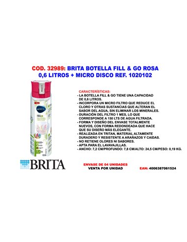 Garrafa Brita Finstock Fill & Go Rosa 0,6 L com Disco Micro