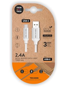 Cable de carga rápida USB-C de nylon 1m blanco con conector metálico