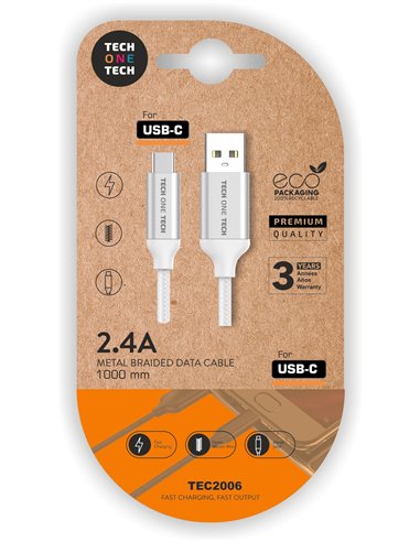 1m Weißes Nylon Schnelllade-USB-C-Kabel mit Metallstecker