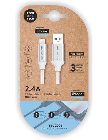 Cable de carga rápida iPhone nylon 1m blanco USB-A