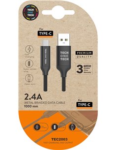 Cabo de carregamento rápido USB-C 1m preto com conector metálico