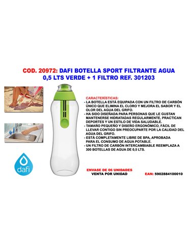 DAFI Finstoc 0.5 L Green Water Filter Bottle with Filter