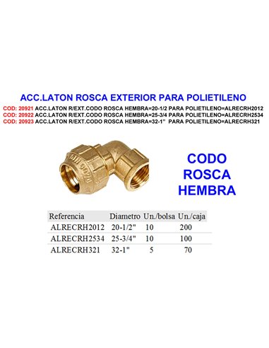 Brass fitting for elbow female thread 25-3/4 for polyethylene