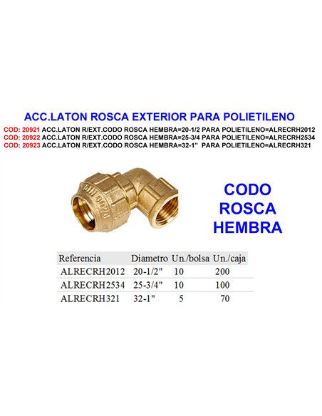 Brass fitting for elbow female thread 25-3/4 for polyethylene