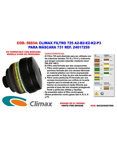 Filtre Climax 725 A2-B2-E2-K2-P-3 pour Masque 731