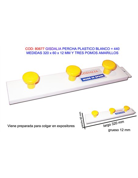Appendiabiti in PVC giallo con 3 ganci - 320x60x12mm