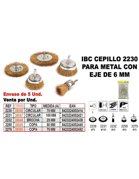 Cepillo metálico circular 100mm con eje 6 de acero