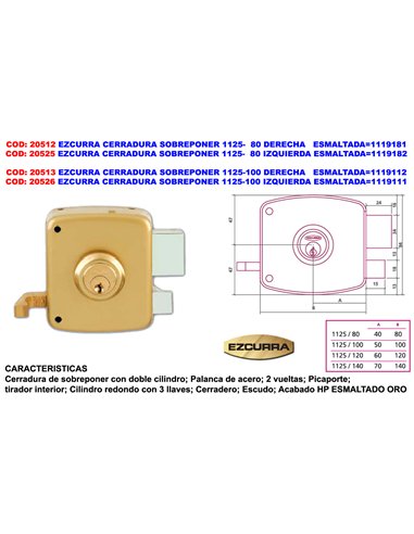 Fechadura de sobrepor EZCURRA 1125-100 esquerda esmaltada