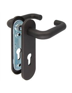 Handle Set with Plate and Key Lock in Black Steel for Doors