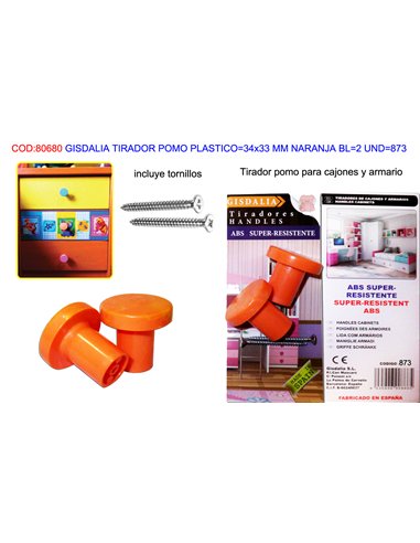 Gisdalia Finstoc Poignée en Plastique Orange 34x33 mm