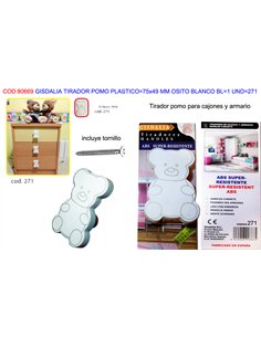 plastic bear knob white 75x49 mm