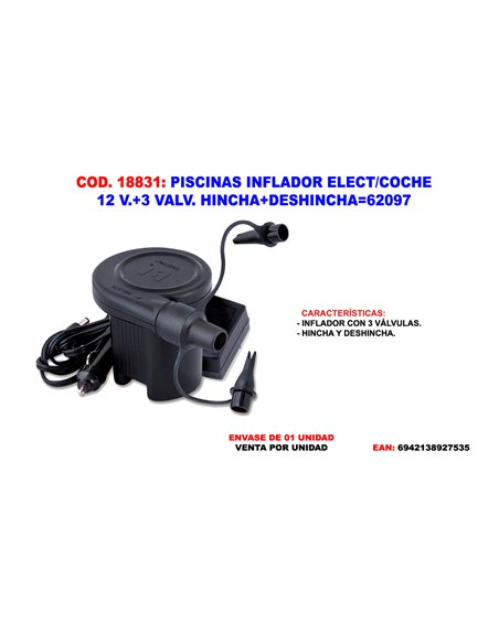 Pompe de piscine gonflable pour voiture 12V avec 3 valves de gonflage et dégonflage