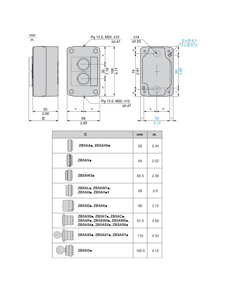Caja vacía, plástico, tapa gris oscura, para pulsador ø 22, 2 orificios
