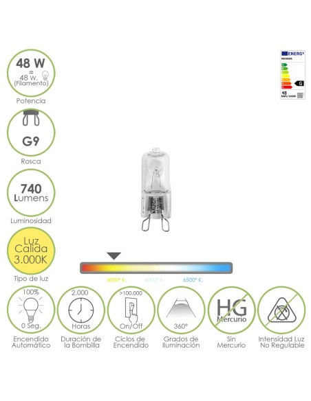 Bombilla Halogena G-9. 48 W. 740 lumenes. Luz cálida (3.000º K)