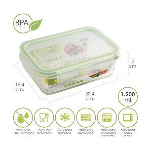 Container Hermetico Rectangular Glass 1200 ml. 20.4x15.4x7 (alt) cm 05024015