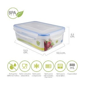 Recipiente Plástico Hermético Retangular 500 ml. 15,5x10,5x5,5 (A) cm.