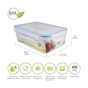Container Hermetico Plastic Rectangular 800 ml. 20.5x13x6 (Alt.) cm 05025002