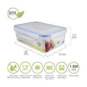 Recipiente plástico retangular hermético de 1.500 ml. 22x15x7,5 (A) cm.