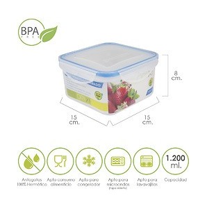 Container Hermetico Plastic Square 1200 ml. 15x15x8 (Alt.) cm 05025013
