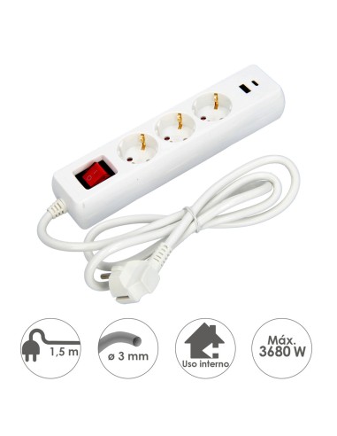 Multiprise 3 Prises Schucko et 2 USB avec Interrupteur