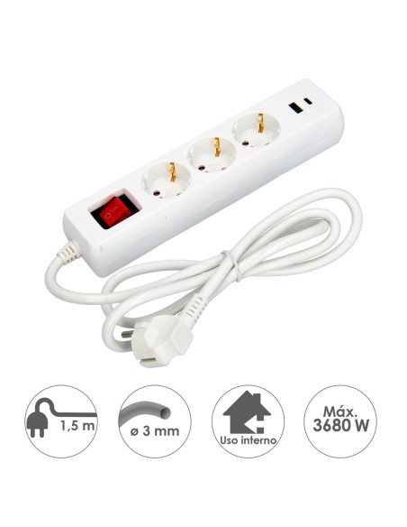 Base Multipla 3 Prese Schucko e 2 USB con Interruttore