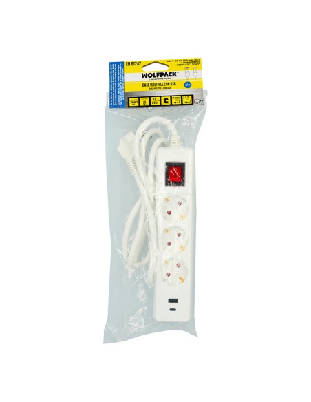 Base Multipla 3 Prese Schucko e 2 USB con Interruttore