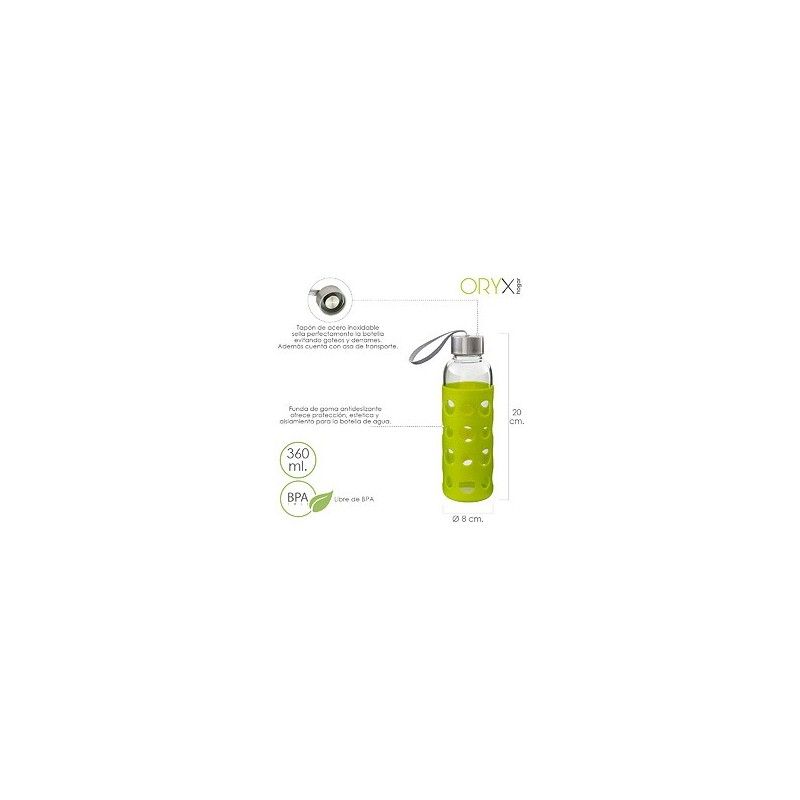Botella Agua de Cristal Con Funda Goma y Tapon Antigotas 360 ml. 05075050