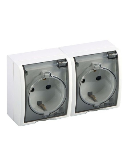 Base double surface schuko 2p+t 16a 250v~ ip54 blanche avec cache transparent