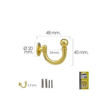 Gancho de rosca em latão 48 mm. Com buchas e parafusos (Blister 2 peças)