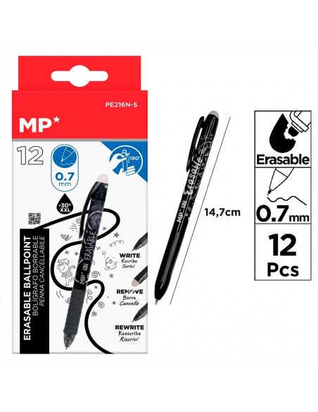 Stylo effaçable noir 12 pièces par blister