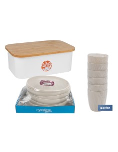 Pacote de pão com tampa de bambu, 6 copos para água e 6 pratos bege