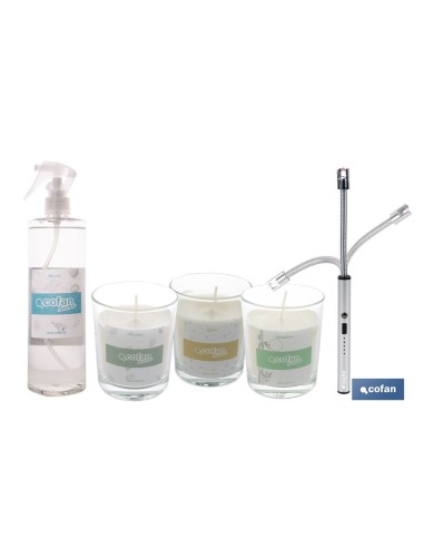 Pack de 3 bougies parfumées, briquet électrique et diffuseur textile