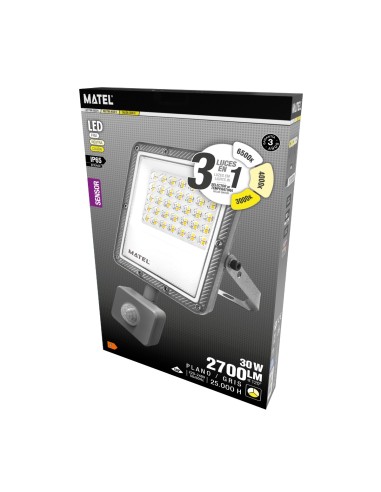 Projetor LED Sensor Plano MATEL Cinza 30W 3CCT