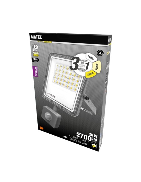 Projetor LED Sensor Plano MATEL Cinza 30W 3CCT