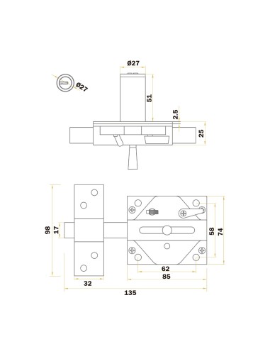 Bronze Security Handlock 27x50mm with Round Cylinder