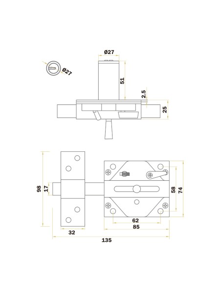 Bronze Security Handlock 27x50mm with Round Cylinder