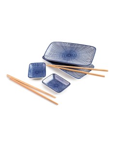 Conjunto de louça japonesa para sushi com bandejas, tigelas e palitos de bambu