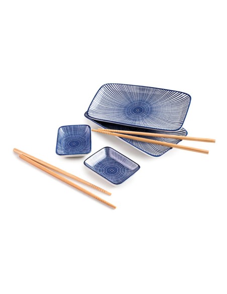 Conjunto de louça japonesa para sushi com bandejas, tigelas e palitos de bambu