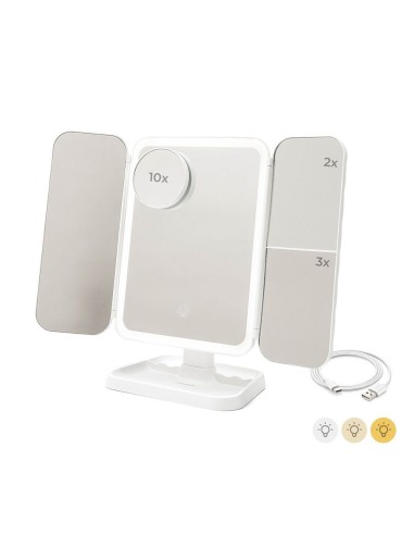Foldable Desktop Triptych Mirror with 2x3x Magnification and Rechargeable LED Light
