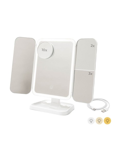 Foldable Desktop Triptych Mirror with 2x3x Magnification and Rechargeable LED Light