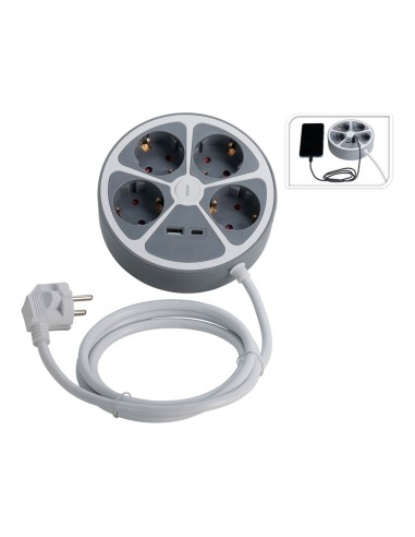 Round 4-socket multi-base with USB-A and C cable 1.4m